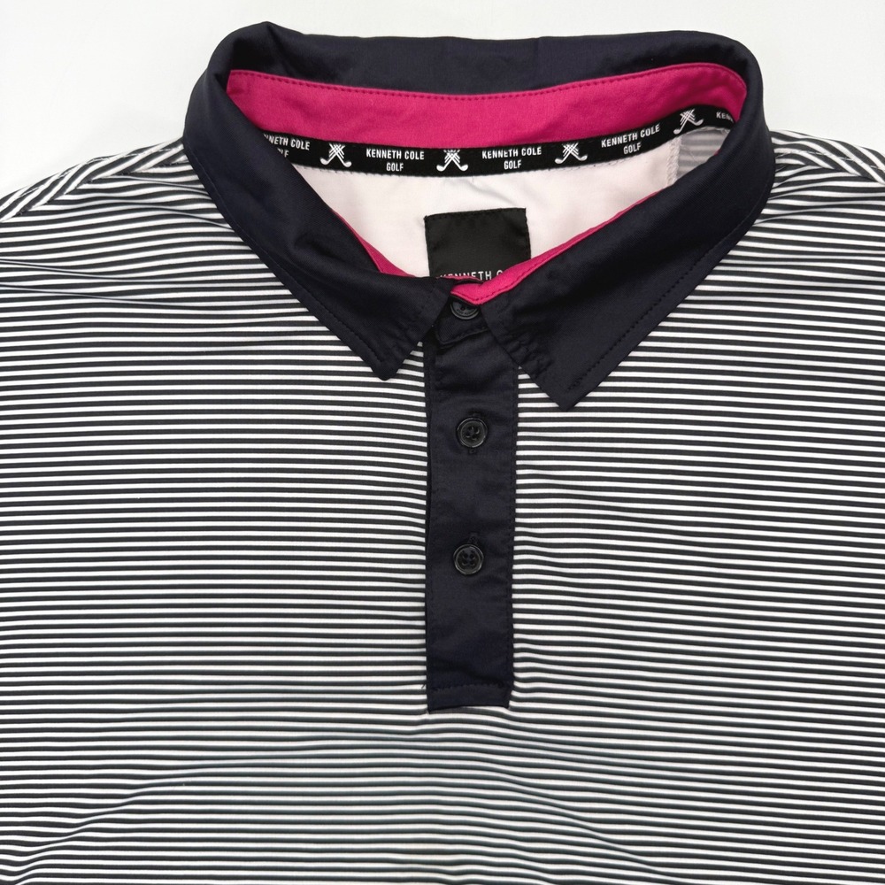 Kenneth Cole Golf Polo Mens Large Navy White Striped Performance Short Sleeve